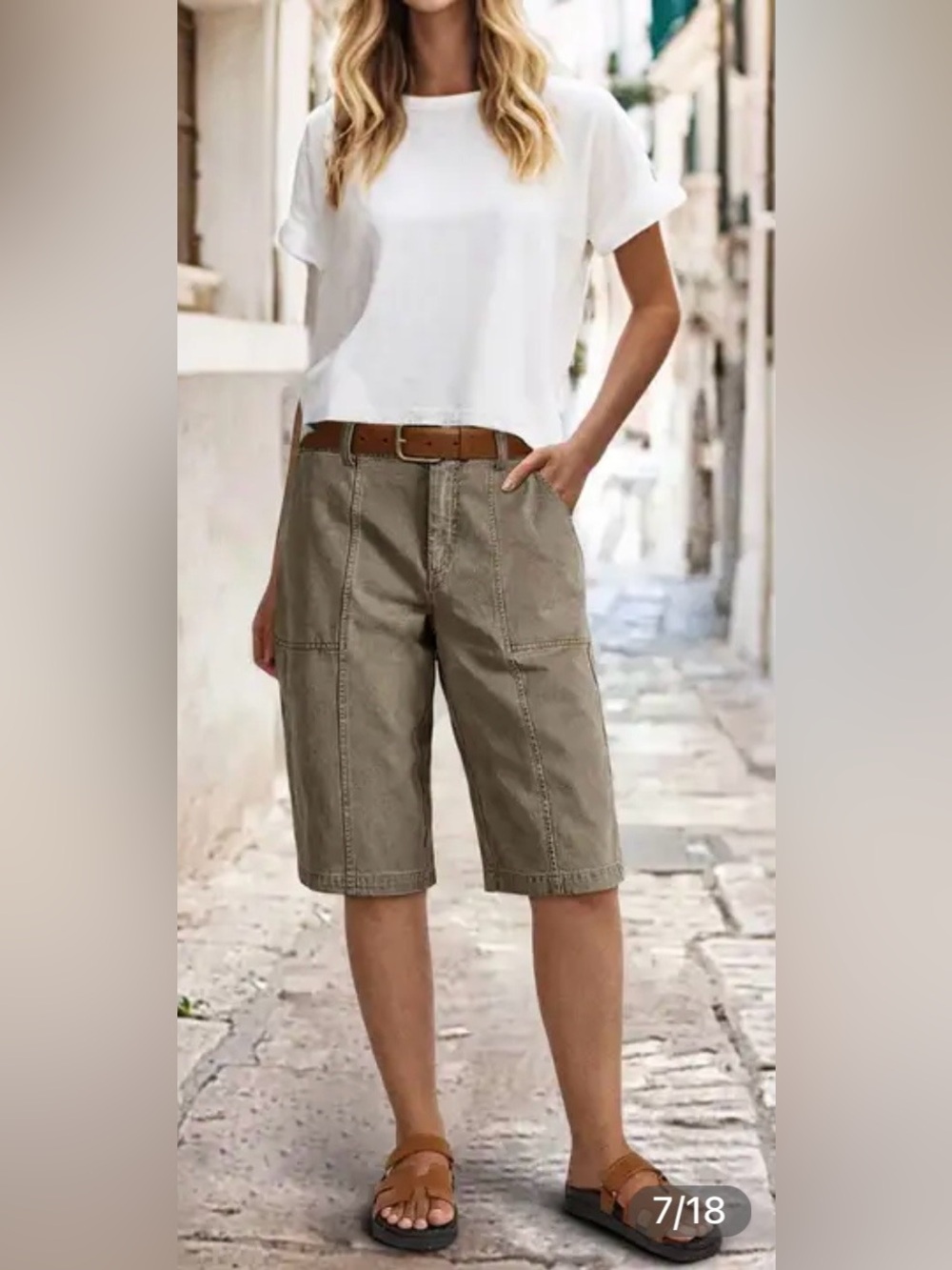 Flamingals Solid Stitch Detail Mid Waist Bermuda Shorts in Taupe